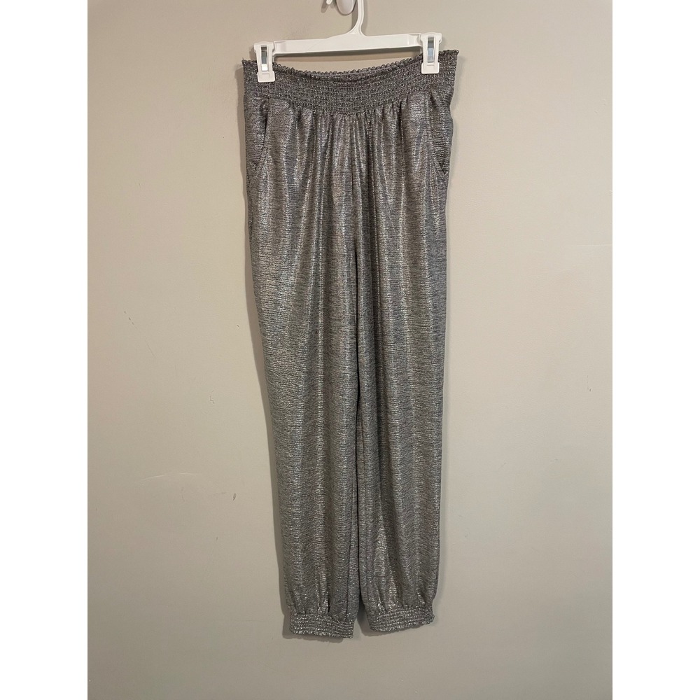 By Anthropologie Silver Metallic Pull On Smocked Jogger Pants Size Small